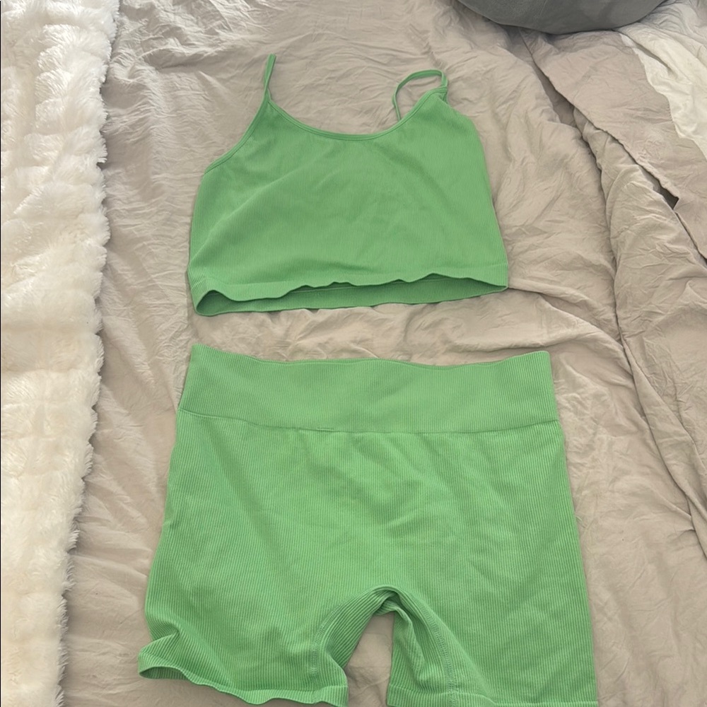 Wild Fable Active Green Ribbed Crop Top and Shorts Set